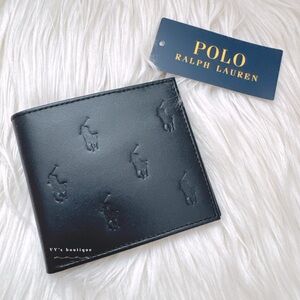 NWT Polo Ralph Lauren Smooth Leather Pony Embedded Logo Bifold Men Wallet Black